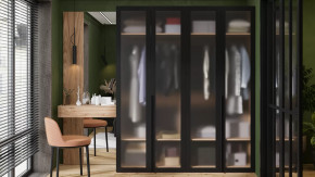 Спальный гарнитур «Порто» №4 Яблоня Беллуно/Графит/Стекло сатин черное в Губкинском - gubkinskij.mebel-tymen.ru | фото